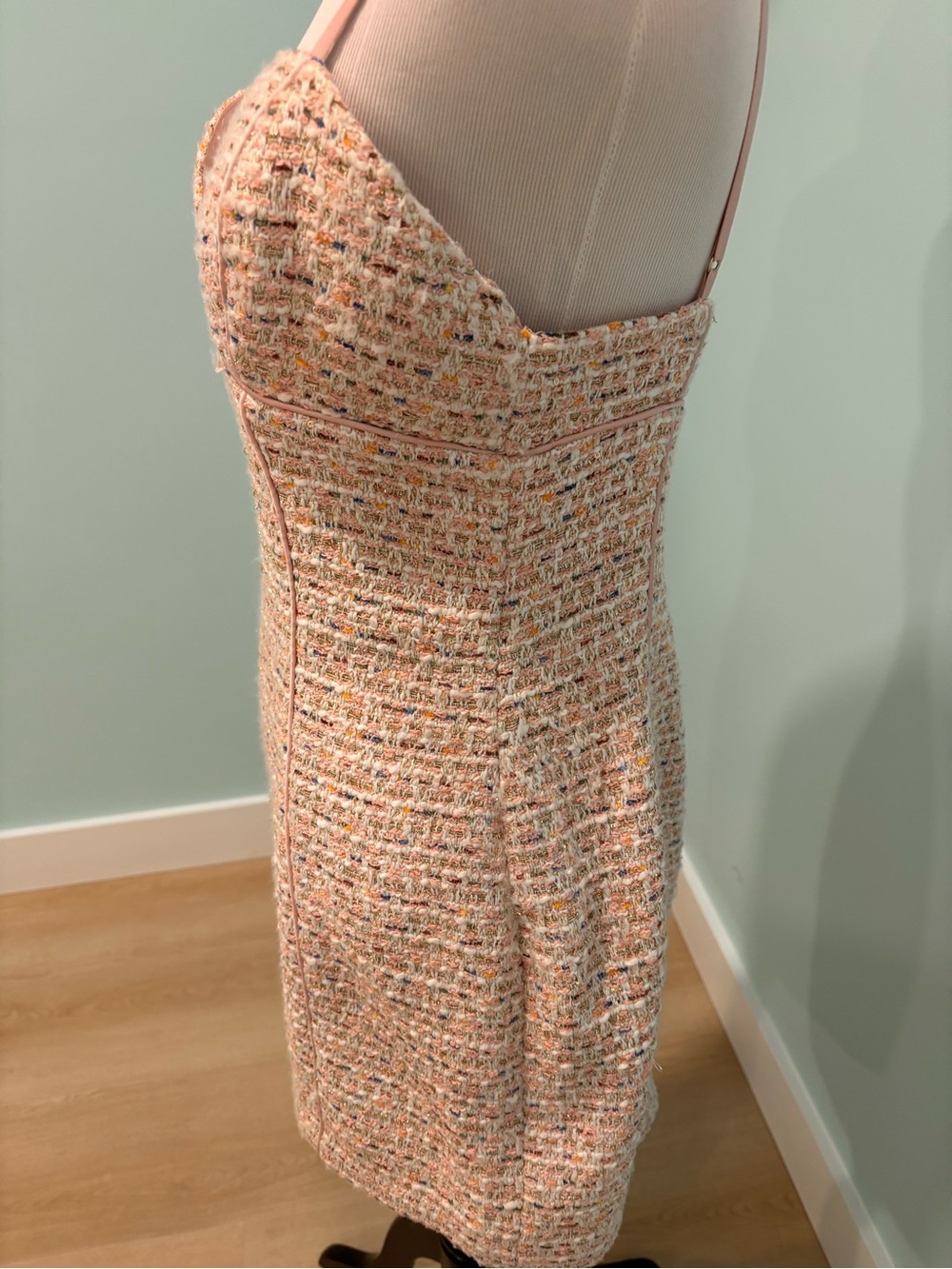 For Love And Lemons Cream Tweed Spaghetti-Strap Mini Dress with Gold Threading - Picture 3 of 6